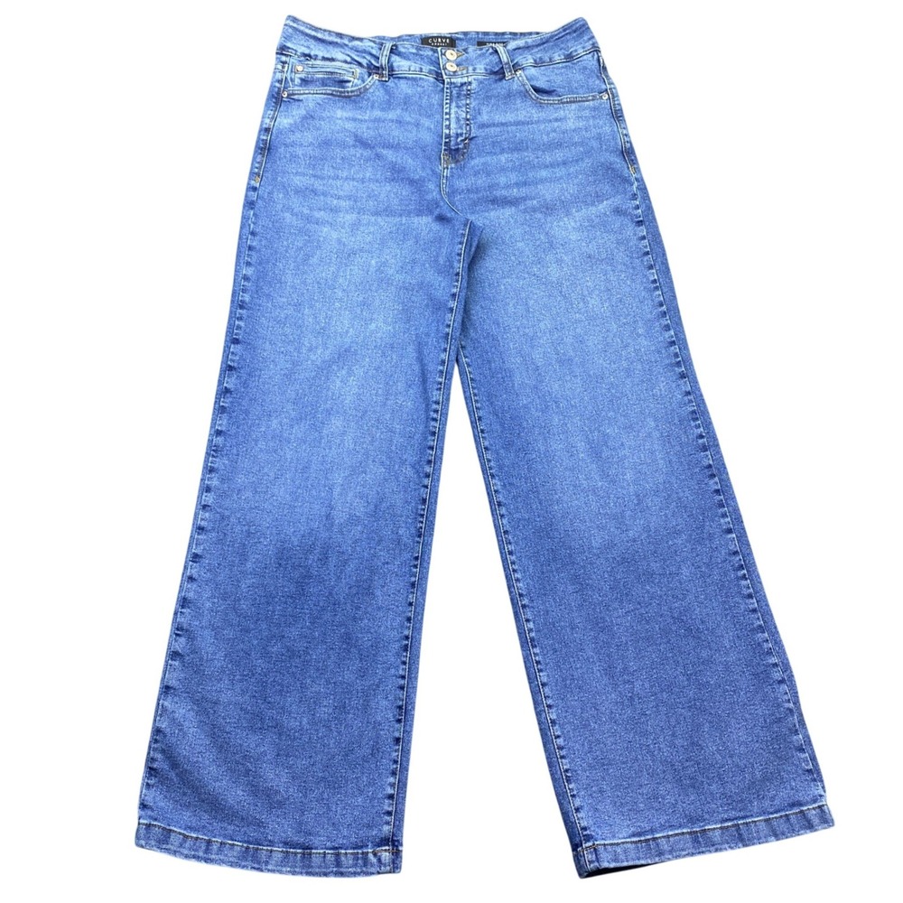 Curve Appeal High Rise Wide Leg Blue Jeans Size 12/31 Medium Wash Stretch Denim